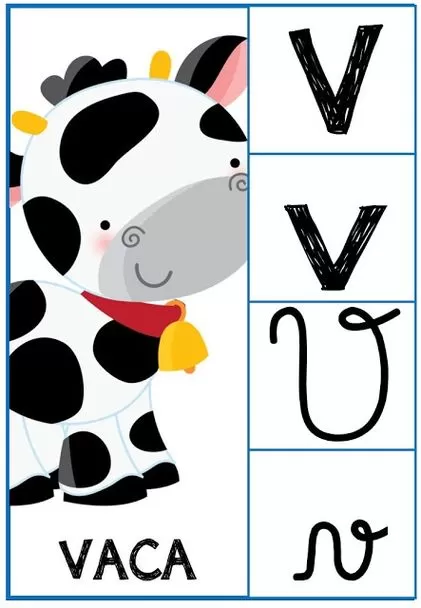Letra V para Imprimir: Ficha com Vaca Divertida do Alfabeto