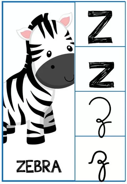 Alfabeto Letra Z: Cartão com zebra e exemplos para aprendizado da escrita.