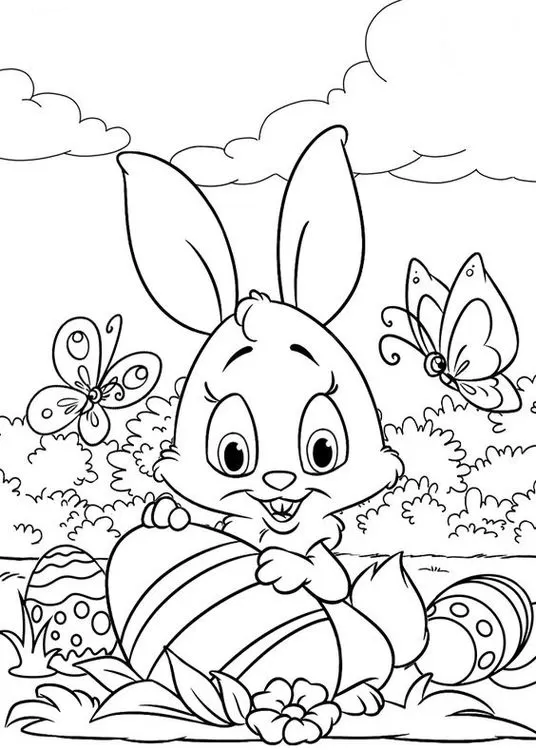 Coelho da Páscoa com borboletas: Desenho para colorir festivo e alegre.