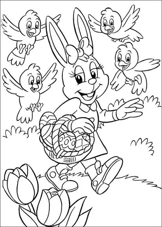 Coelho da Páscoa com ovos e passarinhos para colorir