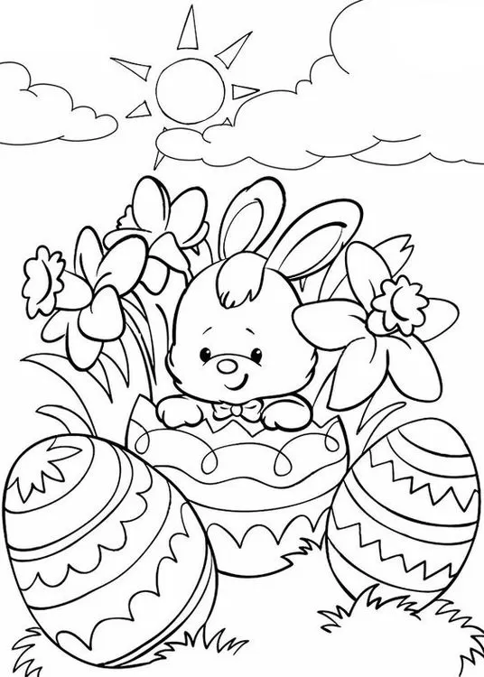 Coelho da Páscoa para colorir rodeado de ovos decorados. Desenho festivo com coelhinho saindo do ovo, flores e sol.