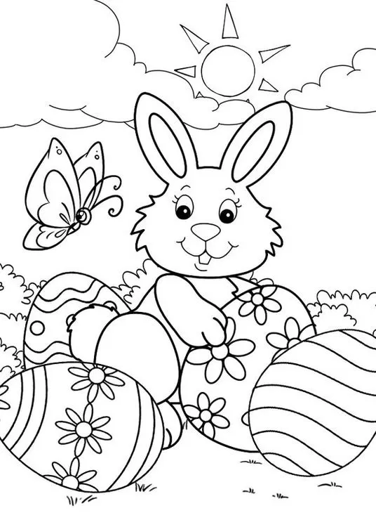 Coelho da Páscoa feliz: Desenhos para colorir com ovos decorados e borboleta.