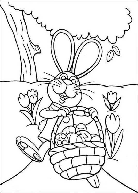 Coelho da Páscoa na floresta com cesta de ovos decorados, pronto para colorir.