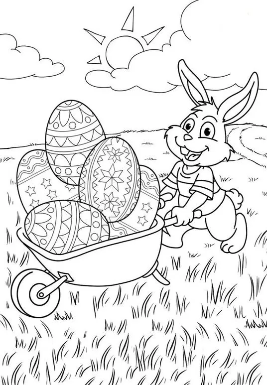 Coelho da Páscoa Colhendo Ovos Decorados: Desenho para Colorir Divertido
