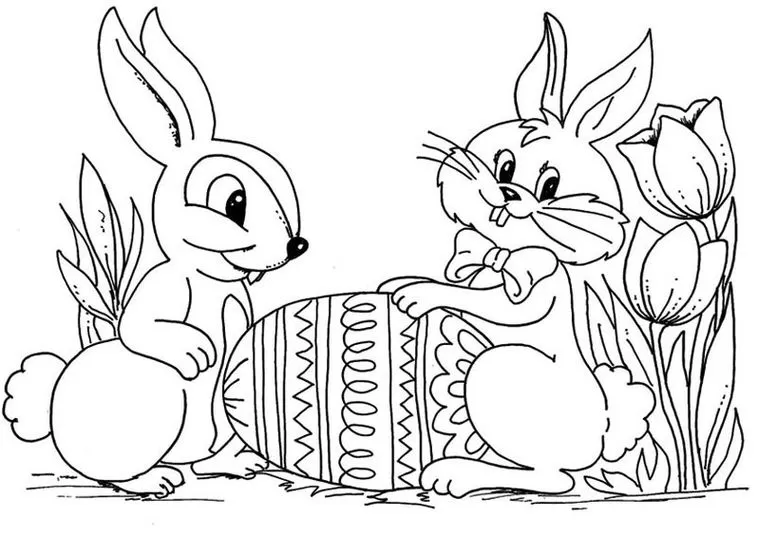 Coelhos da Páscoa dividindo ovo decorado: desenho para colorir