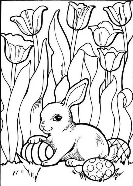 Coelho da Páscoa em desenho para colorir com rosas e ovos decorados.