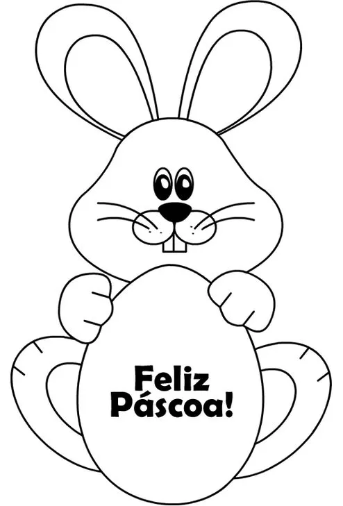 Coelho da Páscoa com ovo e mensagem Feliz Páscoa para pintar