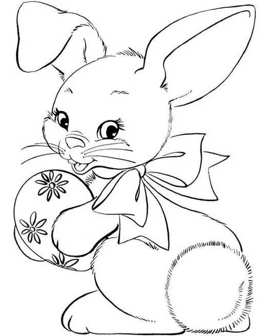 Coelho da Páscoa fofinho segurando ovo decorado: desenho para colorir