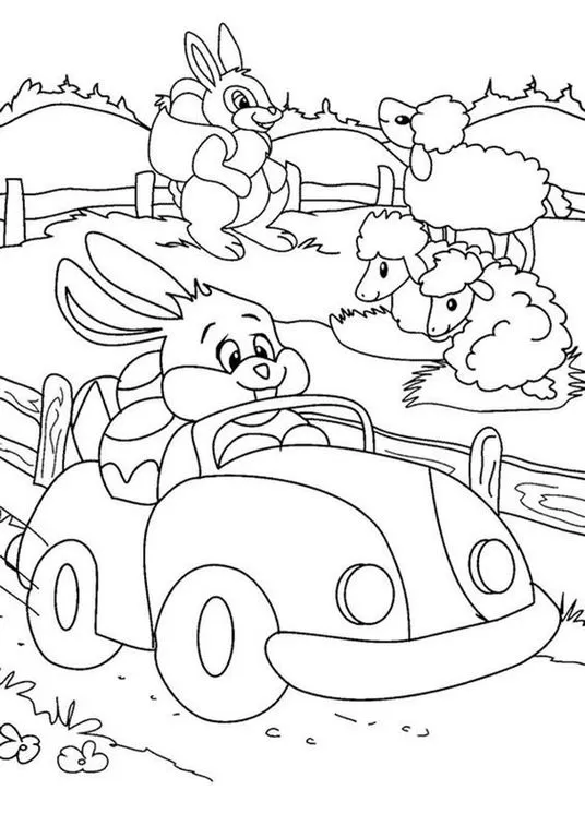 Coelho da Páscoa dirigindo carro em desenho para colorir. Campo com ovelhas e outro coelho ao fundo.