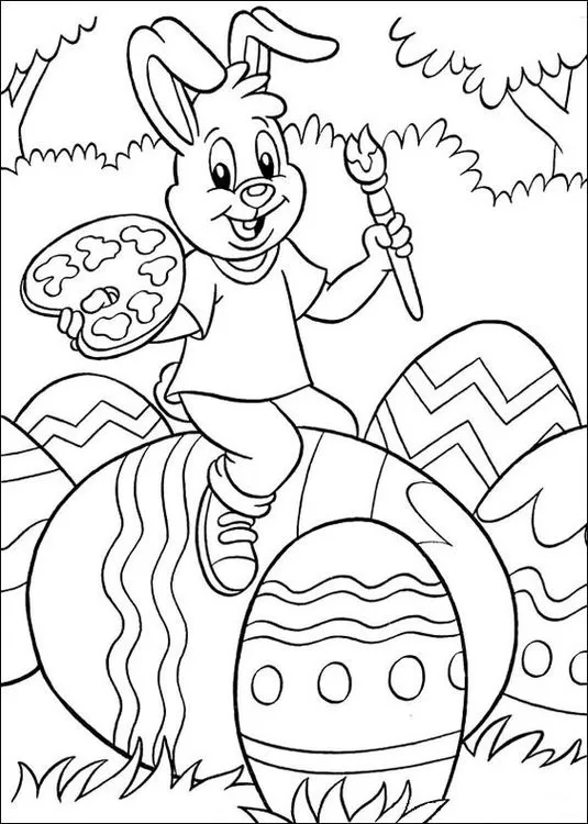 Coelho da Páscoa pintando ovos coloridos. Desenho para colorir com coelho feliz decorando ovos de Páscoa com tinta e pincel, cercado por ovos decorados e árvores.
