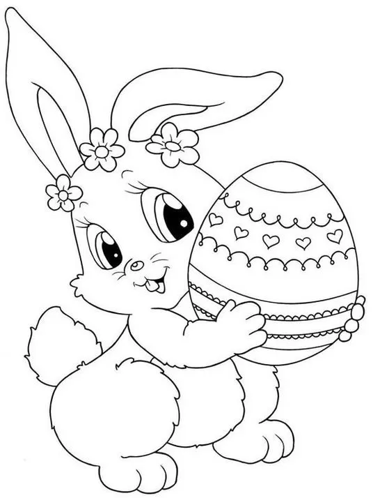 Desenhos do Coelho da Páscoa para colorir em PDF. A imagem contém um coelho segurando um ovo da páscoa.