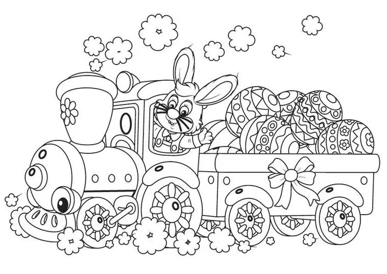 Coelho da Páscoa conduz trem com ovos decorados para colorir.