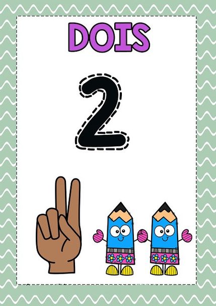 Número 2 para aprender: cartaz didático com desenhos e a palavra 'DOIS'.