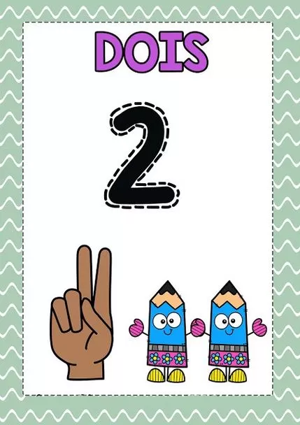 Número 2 para aprender: cartaz didático com desenhos e a palavra 'DOIS'.