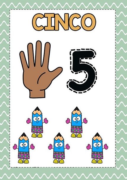 Número 5 para aprendizado: material didático com numeral, escrita e representação com a mão.