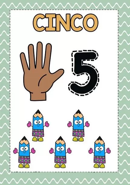 Número 5 para aprendizado: material didático com numeral, escrita e representação com a mão.