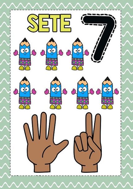 Número 7 para colorir: material didático com sete lápis e mãos mostrando o numeral.