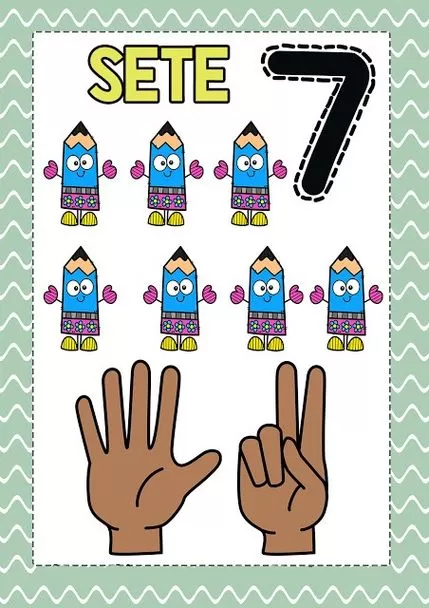 Número 7 para colorir: material didático com sete lápis e mãos mostrando o numeral.