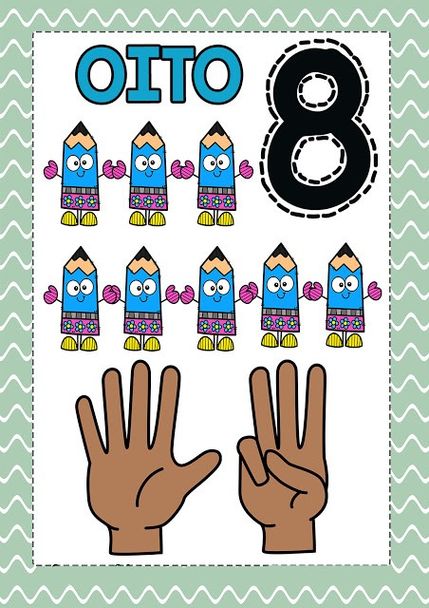 Número 8 para Imprimir: Cartaz divertido com o número oito, lápis coloridos e mãos somando 8.