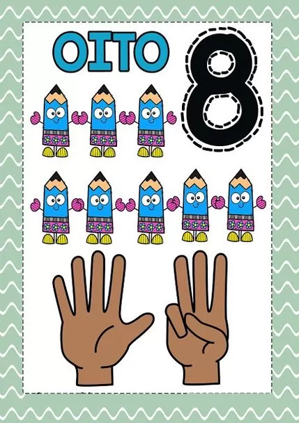 Número 8 para Imprimir: Cartaz divertido com o número oito, lápis coloridos e mãos somando 8.