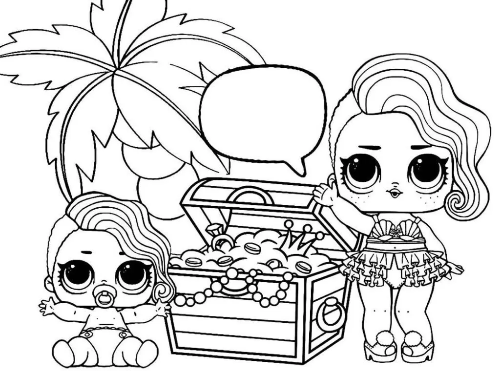 Desenhos Bonecas LOL para imprimir e colorir em PDF. A imagem contém bonecas lol perto de um baú de tesouros.