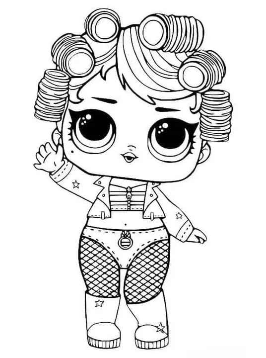 Boneca LOL com cabelo estilo Bob para colorir e imprimir. Detalhes da jaqueta e botas com estrelas.