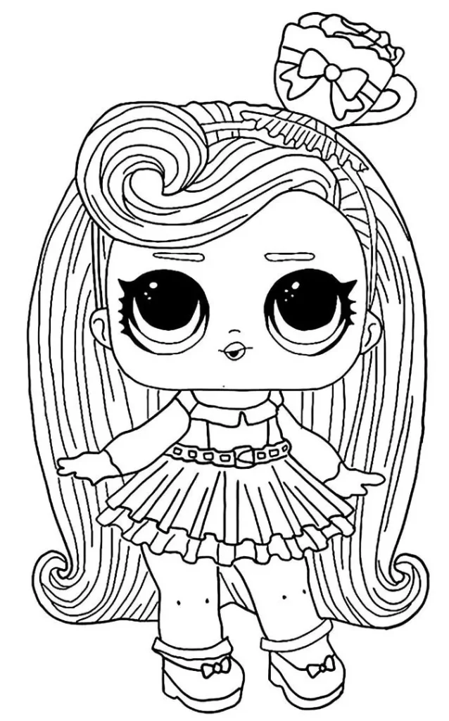 Boneca LOL Cabelão para colorir e imprimir. Desenho detalhado com penteado extravagante, acessório de xícara e vestido com babados.