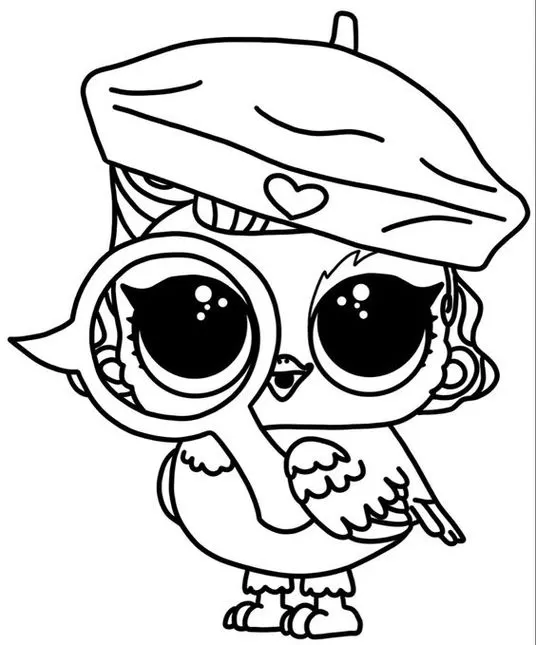 Boneca LOL Coruja para colorir e imprimir: Desenho divertido com lupa e boina.