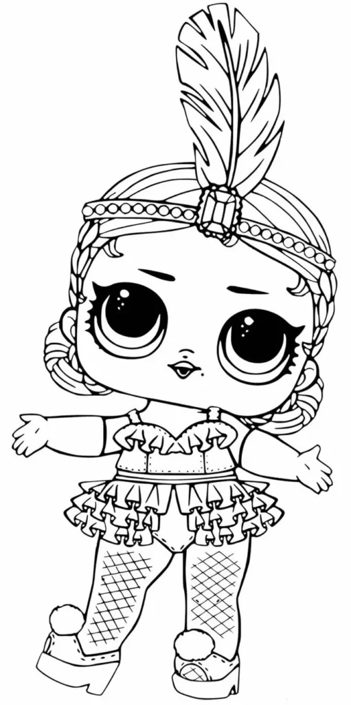 Boneca LOL com Diadema de Índia para colorir. Desenho divertido de boneca fashion com cocar e traje estiloso.