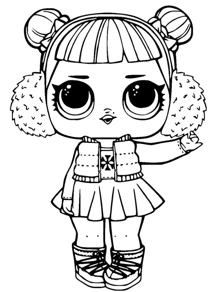 Boneca LOL com fone de ouvido para colorir e imprimir. Desenho detalhado ideal para atividades criativas.