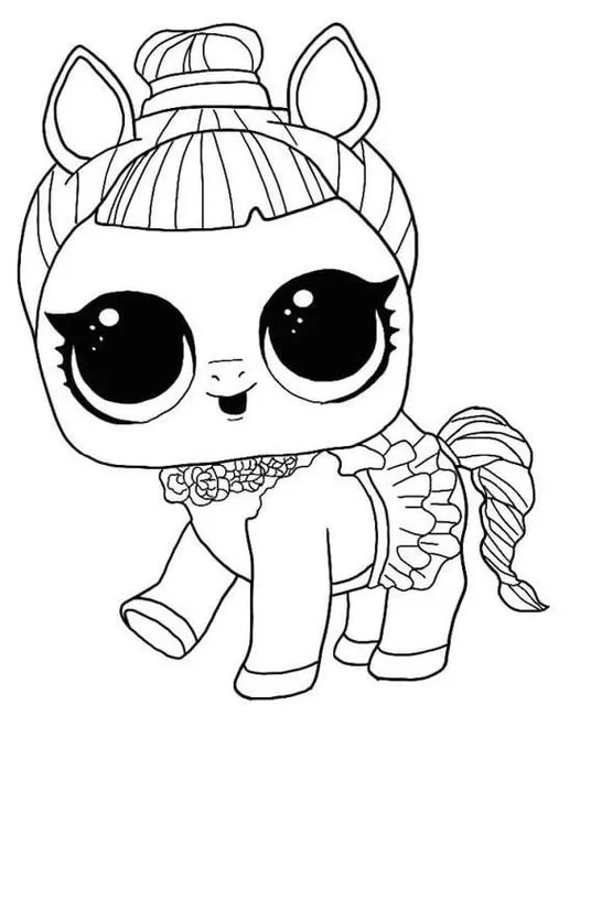Boneca LOL com rabo trançado para colorir e imprimir. Desenho divertido de boneca pônei com coque e roupa de babados.