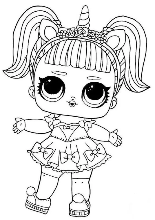 Boneca LOL para colorir com vestido de lacinho e detalhes de unicórnio
