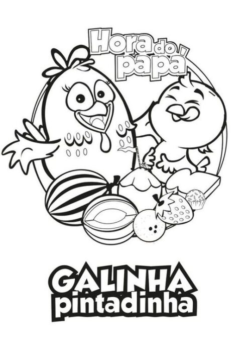 Galinha Pintadinha para colorir: arte com galinha, pintinho, frutas e doces.