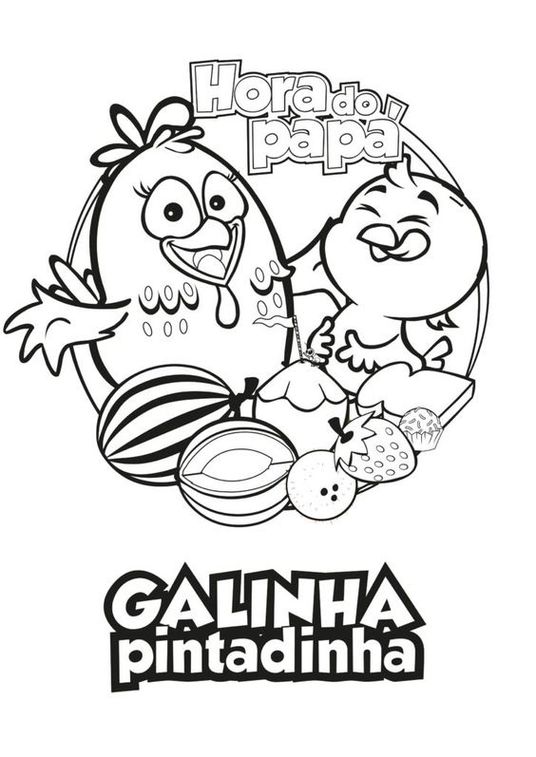 Desenhos da Galinha Pintadinha para colorir em PDF. A imagem contém a galinha e o pintinho amarelinho rodeados de frutas