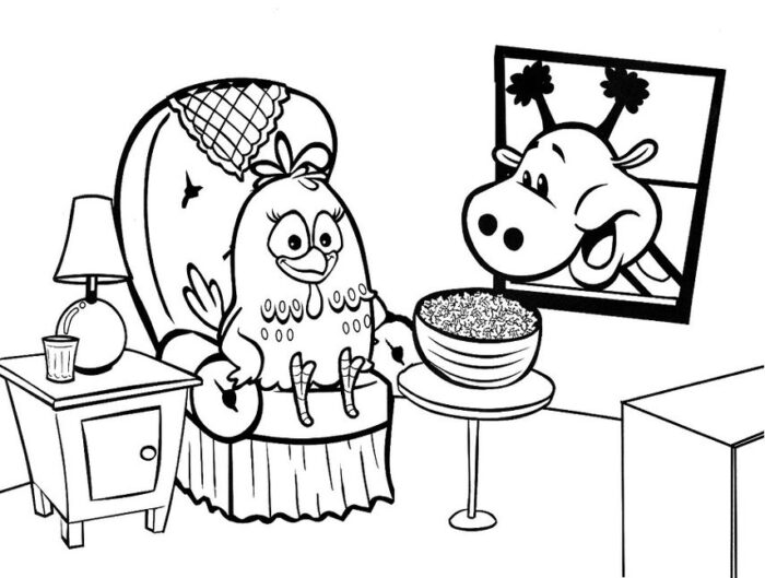 Galinha Pintadinha para colorir assistindo TV: desenho detalhado com girafa ao fundo.