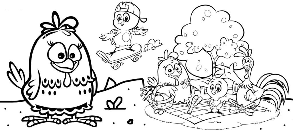 Galinha Pintadinha para colorir: diversão com amigos e piquenique.