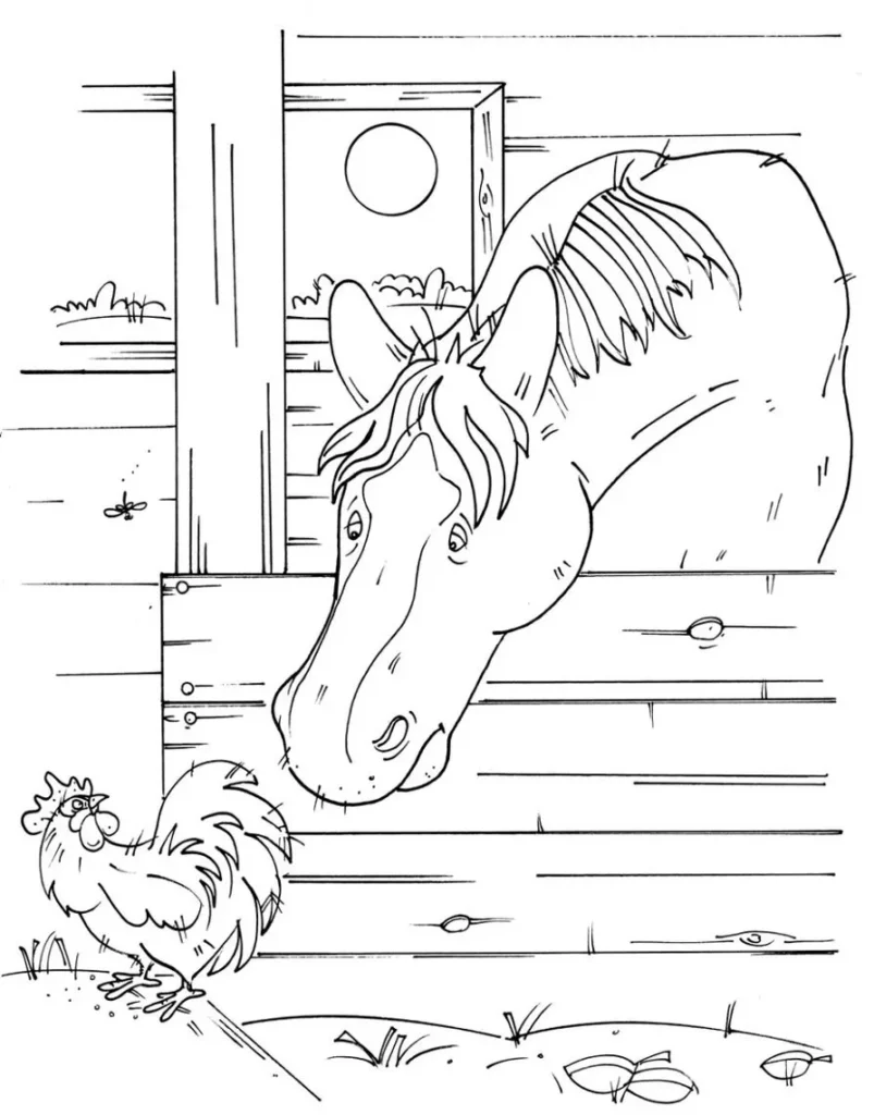 Cavalo conversando com galo: Desenho para colorir e imprimir.