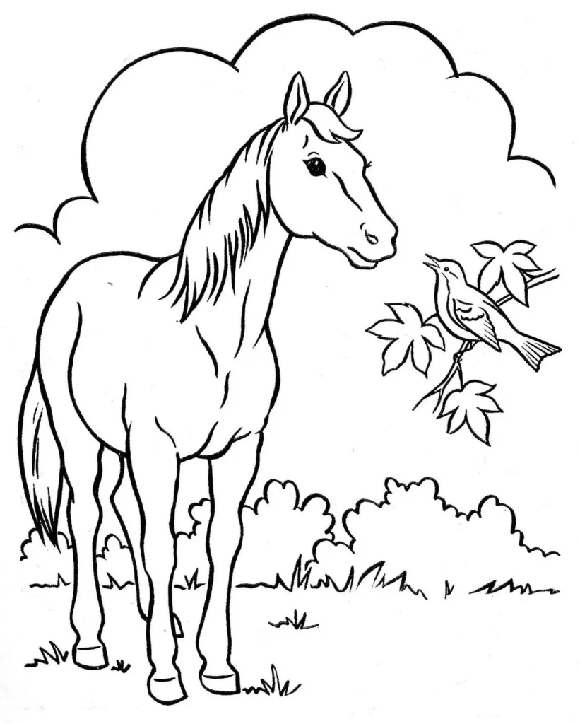 Cavalo conversando com pássaro em desenho para colorir. Imagem com cavalo em campo, arbustos e nuvens.
