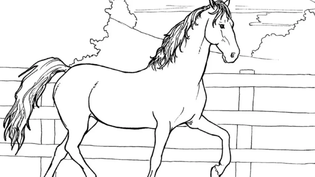 Cavalo para Colorir: Desenho Campestre Detalhado Próximo à Cerca