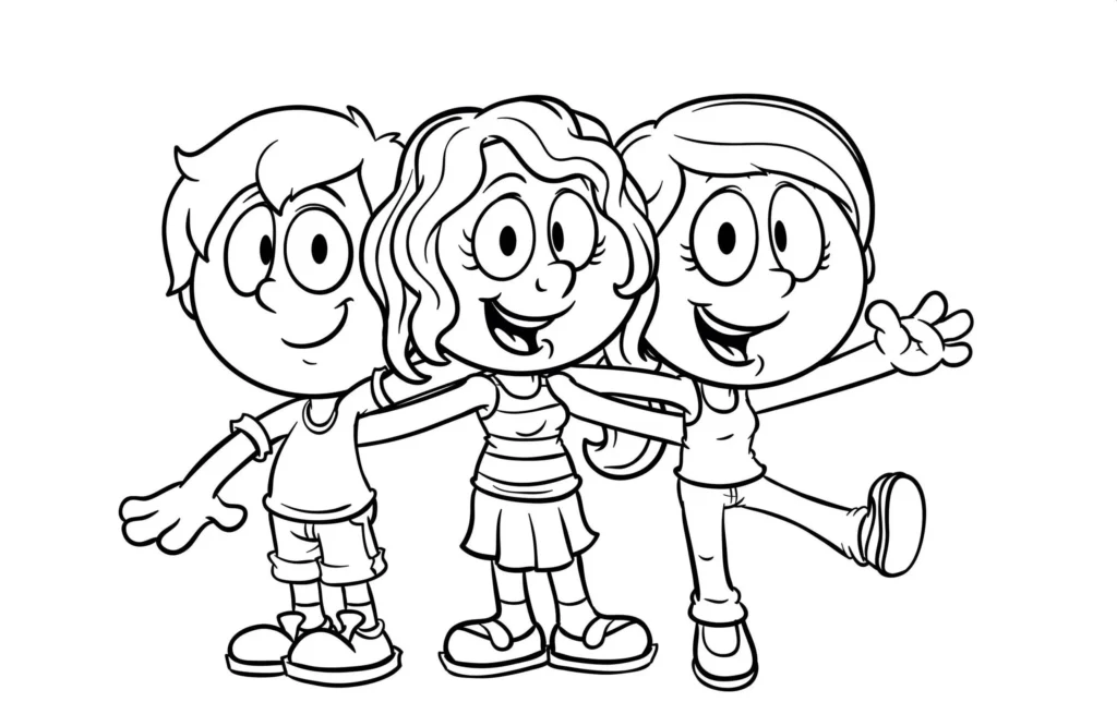 Desenhos de crianças amigas para colorir e imprimir. Arte de linha com três amigos felizes.