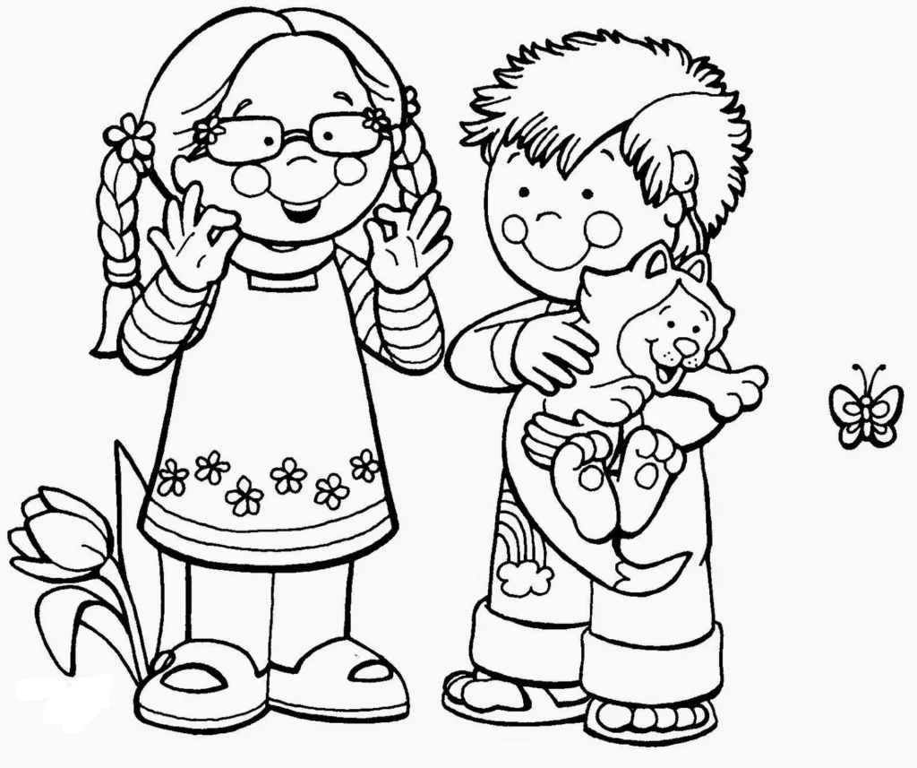 Desenhos para Crianças: Menina com tulipa e menino com leãozinho fofo para colorir.