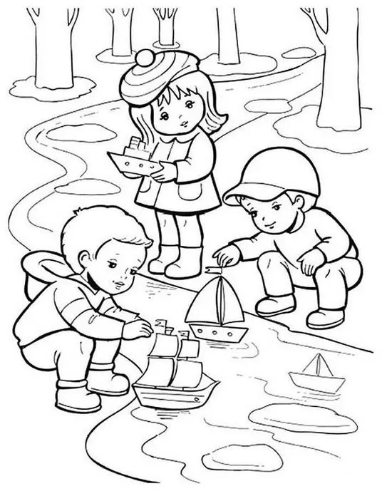 Desenhos de crianças brincando com barquinhos no rio para colorir e imprimir.