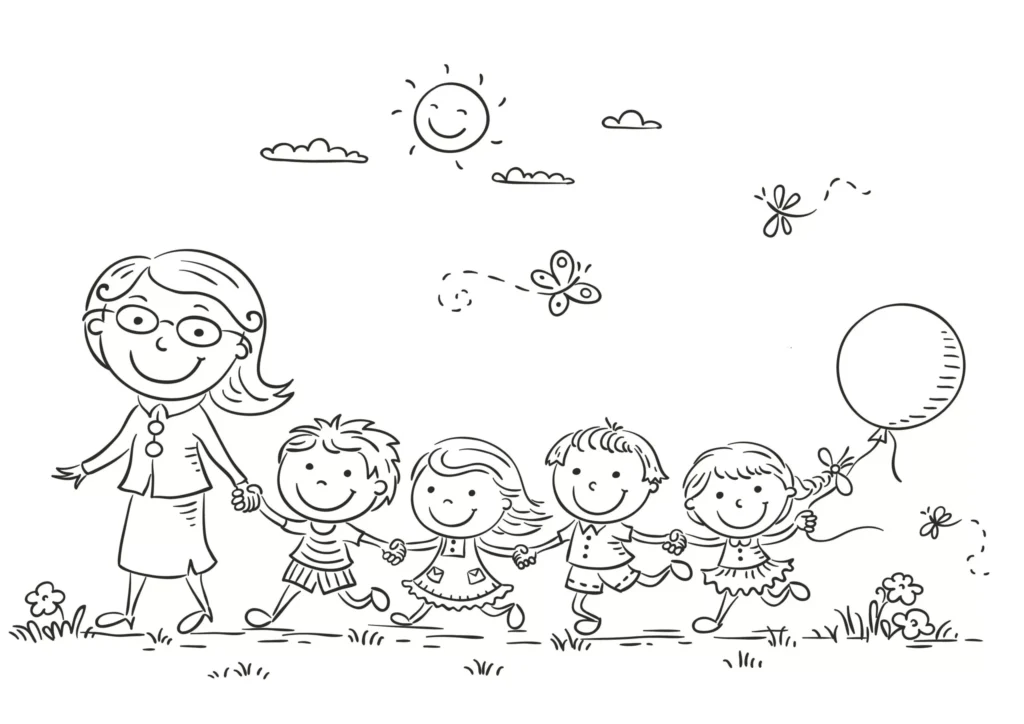 Crianças se divertindo com amigos: desenho para imprimir e colorir.