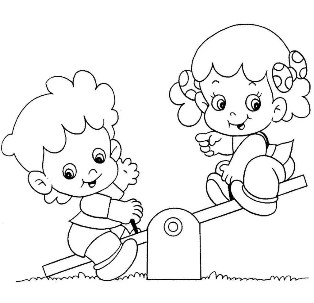 Desenhos de Crianças para imprimir e colorir. A imagem contém duas crianças brincando na gangorra.
