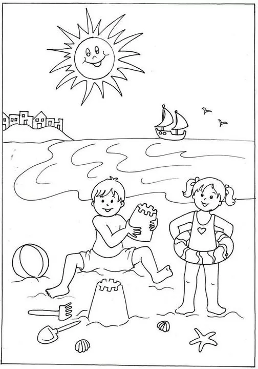 Desenho de crianças se divertindo na praia para colorir. Sol, mar, barco e brinquedos na areia.