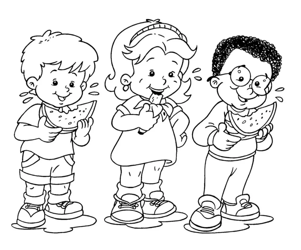 Crianças se divertindo ao comer melancia: desenho para colorir e imprimir.