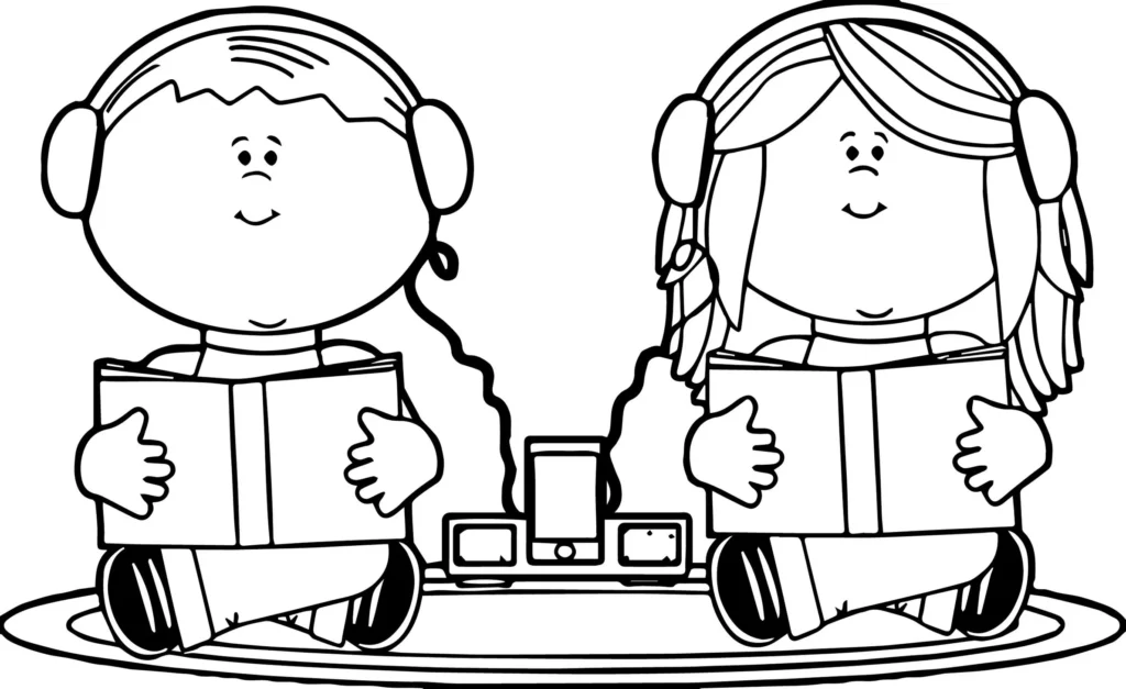 Crianças Lendo e Ouvindo Música: Desenhos para Colorir e Imprimir