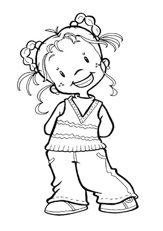 Menina feliz para colorir: Desenho infantil com sorriso e detalhes encantadores.