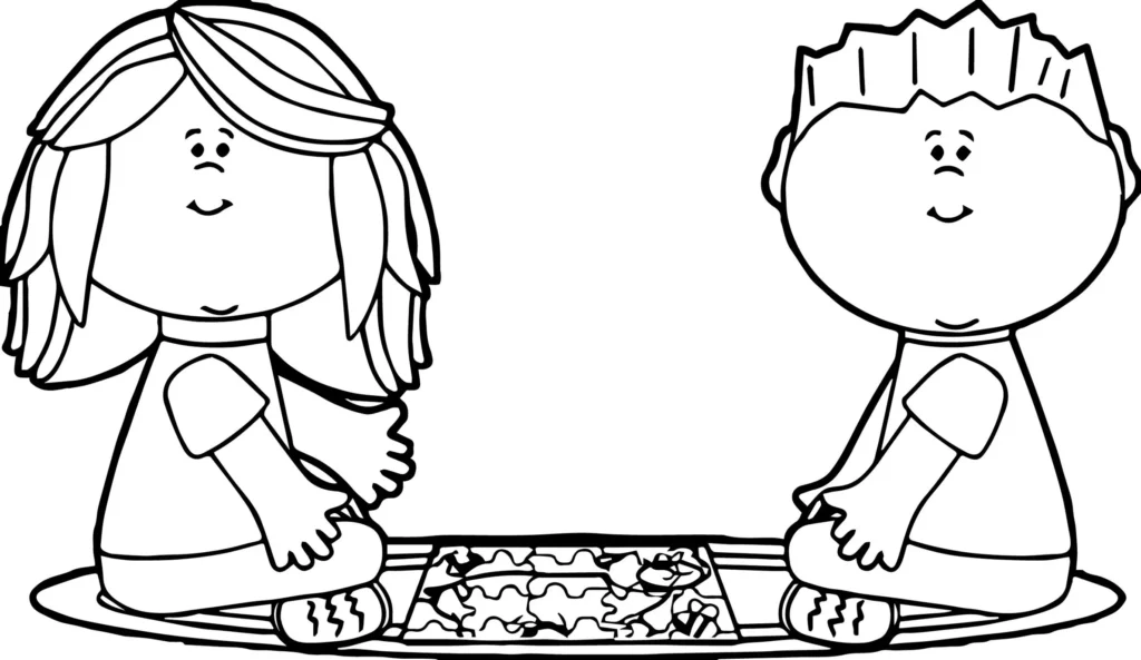Crianças montando quebra-cabeça: desenho para colorir e imprimir.