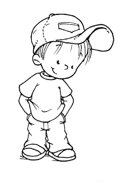 Garoto sorrindo para colorir. Desenho simpático de criança com boné e mãos nos bolsos.